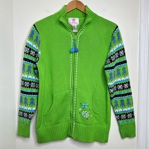 VTG Quacker Factory Zip Up Sweater Woman’s Size Medium Bright Green Snowflake